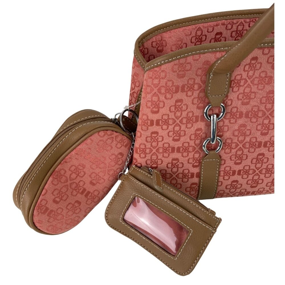 Croft & Barrow Pink Print Canvas Shoulder Bag Tan Faux Leather Handles - Picture 10 of 16